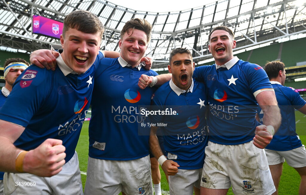 26 April 2026; St Mary's College RFC players, from left, Daniel Leane, Michael McCormack, Ramirez Leandro and Ruairi Shields celebrate after the Energia Men's All-Ireland League Division 1A final match between Clontarf FC and St Mary's College RFC at the Aviva Stadium in Dublin. Photo by Tyler Miller/Sportsfile