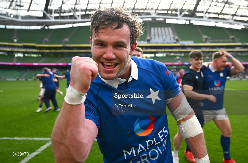 26 April 2026; Ethan Baxter of St Mary's College RFC celebrates after the Energia Men's All-Ireland League Division 1A final match between Clontarf FC and St Mary's College RFC at the Aviva Stadium in Dublin. Photo by Tyler Miller/Sportsfile