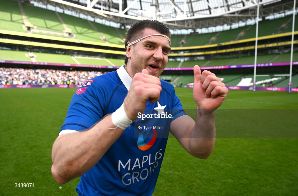 26 April 2026; Aaron O'Sullivan of St Mary's College RFC celebrates after the Energia Men's All-Ireland League Division 1A final match between Clontarf FC and St Mary's College RFC at the Aviva Stadium in Dublin. Photo by Tyler Miller/Sportsfile