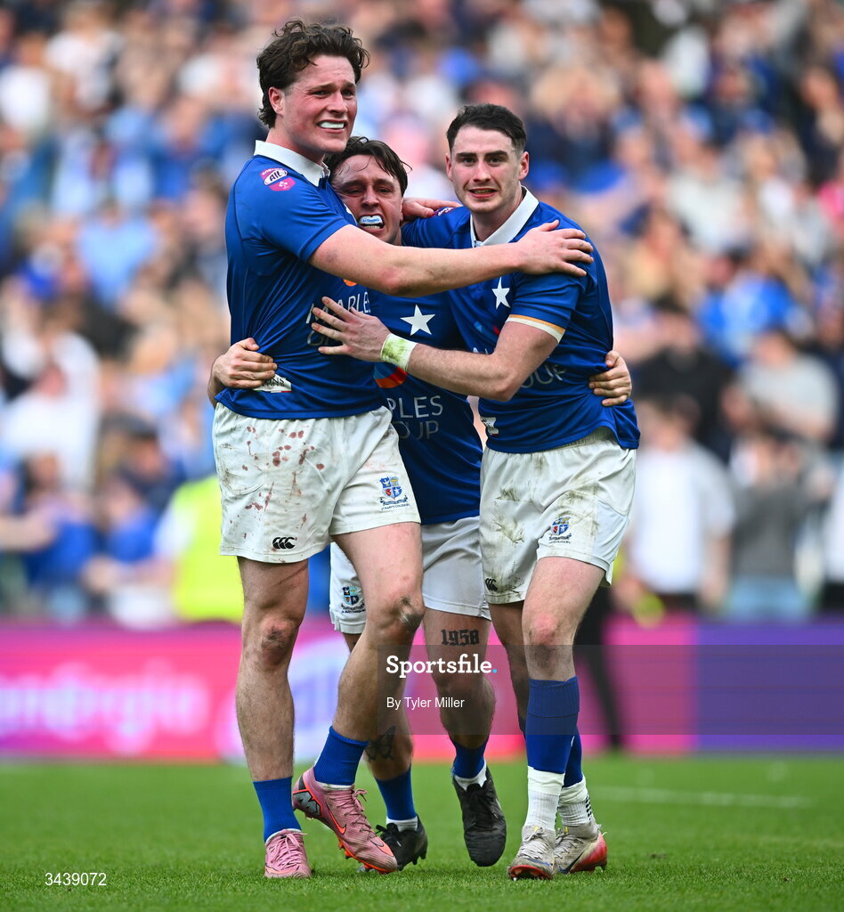 26 April 2026; St Mary's College RFC players, from left, Myles Carey, Mark Fogarty and Ruairi Shields celebrate after the Energia Men's All-Ireland League Division 1A final match between Clontarf FC and St Mary's College RFC at the Aviva Stadium in Dublin. Photo by Tyler Miller/Sportsfile