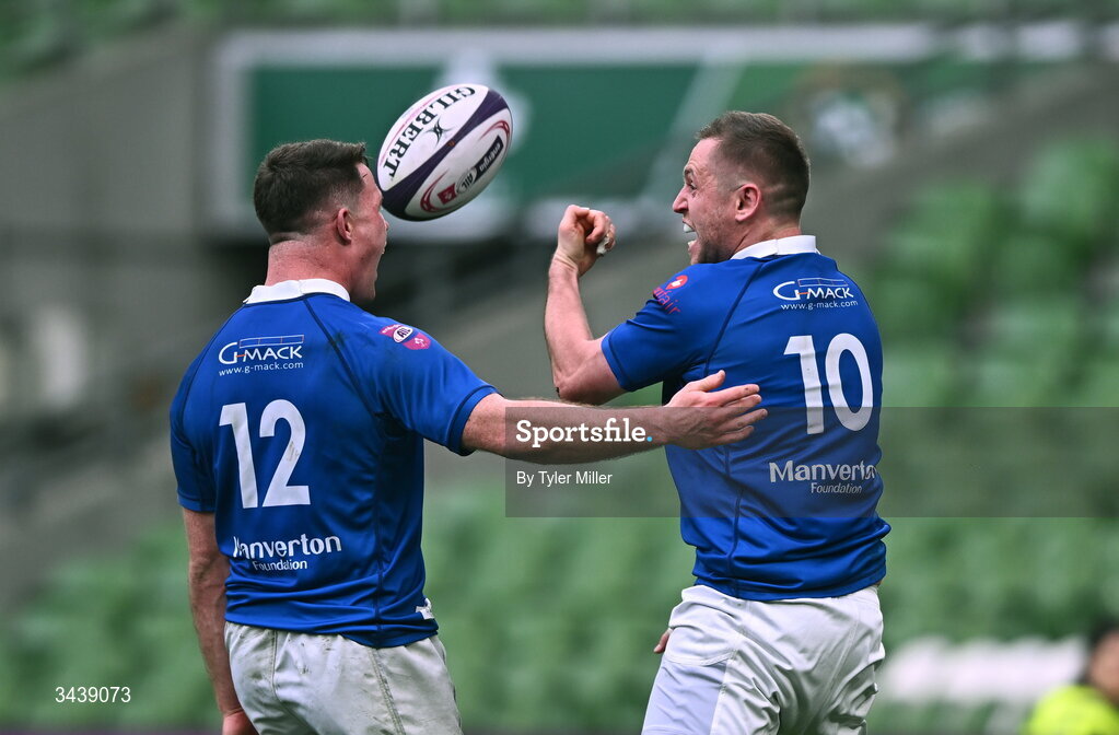 26 April 2026; Conor Dean of St Mary's College RFC, right, celebrates with teammate Mick O'Gara after scoring his side a try during the Energia Men's All-Ireland League Division 1A final match between Clontarf FC and St Mary's College RFC at the Aviva Stadium in Dublin. Photo by Tyler Miller/Sportsfile