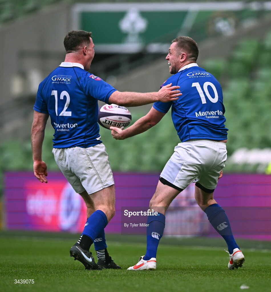 26 April 2026; Conor Dean of St Mary's College RFC, right, celebrates with teammate Mick O'Gara after scoring his side a try during the Energia Men's All-Ireland League Division 1A final match between Clontarf FC and St Mary's College RFC at the Aviva Stadium in Dublin. Photo by Tyler Miller/Sportsfile