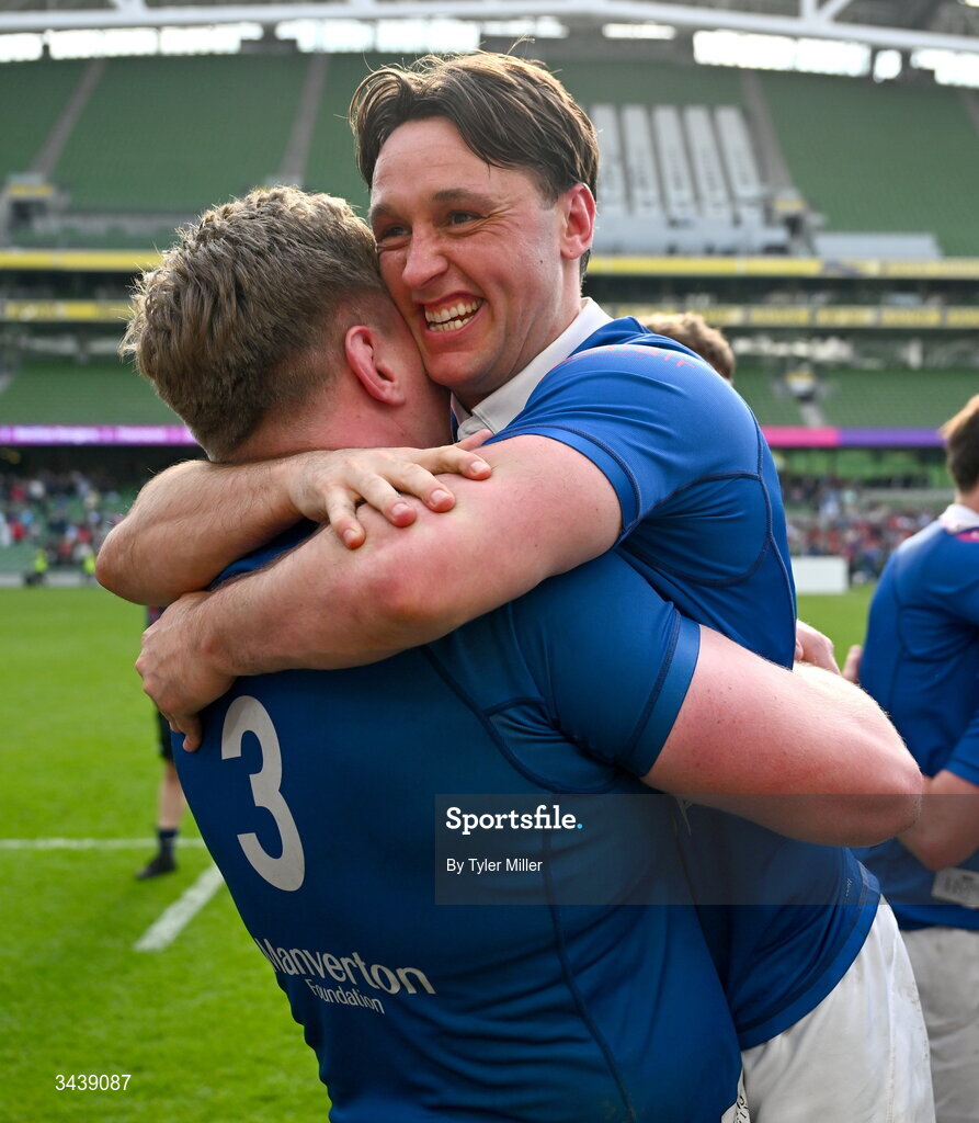 26 April 2026; Mark Fogarty, right, and Michael McCormack of St Mary's College RFC celebrate after the Energia Men's All-Ireland League Division 1A final match between Clontarf FC and St Mary's College RFC at the Aviva Stadium in Dublin. Photo by Tyler Miller/Sportsfile