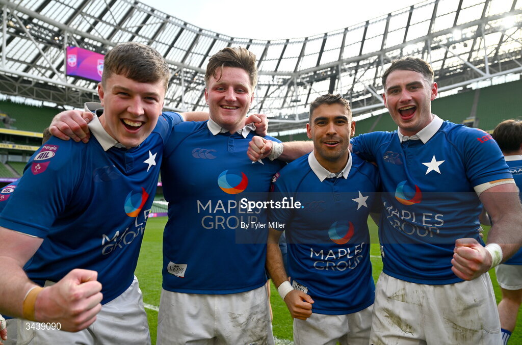 26 April 2026; St Mary's College RFC players, from left, Daniel Leane, Michael McCormack, Ramirez Leandro and Ruairi Shields celebrate after the Energia Men's All-Ireland League Division 1A final match between Clontarf FC and St Mary's College RFC at the Aviva Stadium in Dublin. Photo by Tyler Miller/Sportsfile