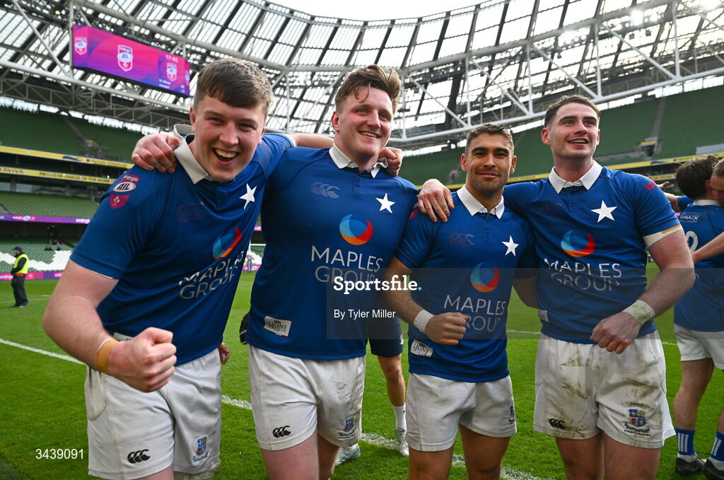 26 April 2026; St Mary's College RFC players, from left, Daniel Leane, Michael McCormack, Ramirez Leandro and Ruairi Shields celebrate after the Energia Men's All-Ireland League Division 1A final match between Clontarf FC and St Mary's College RFC at the Aviva Stadium in Dublin. Photo by Tyler Miller/Sportsfile