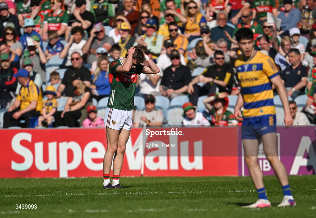 26 April 2026; Kobe McDonald of Mayo reacts during the Connacht GAA Football Senior Championship semi-final match between Mayo and Roscommon at Hastings Insurance MacHale Park in Castlebar, Mayo. Photo by Paul Phelan/Sportsfile
