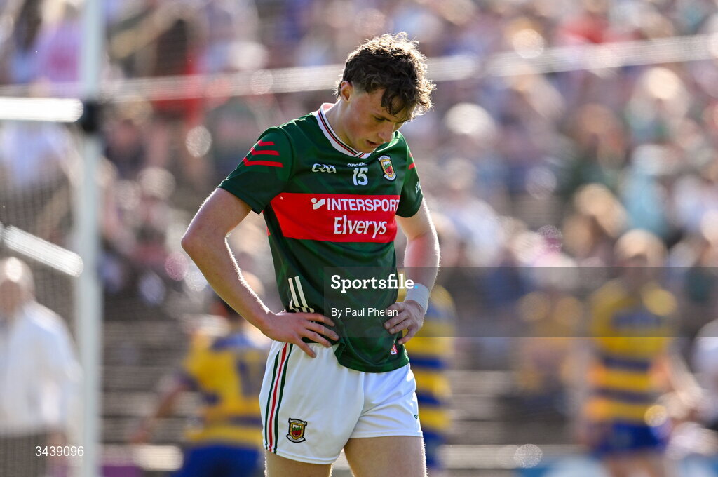 26 April 2026; Kobe McDonald of Mayo reacts during the Connacht GAA Football Senior Championship semi-final match between Mayo and Roscommon at Hastings Insurance MacHale Park in Castlebar, Mayo. Photo by Paul Phelan/Sportsfile