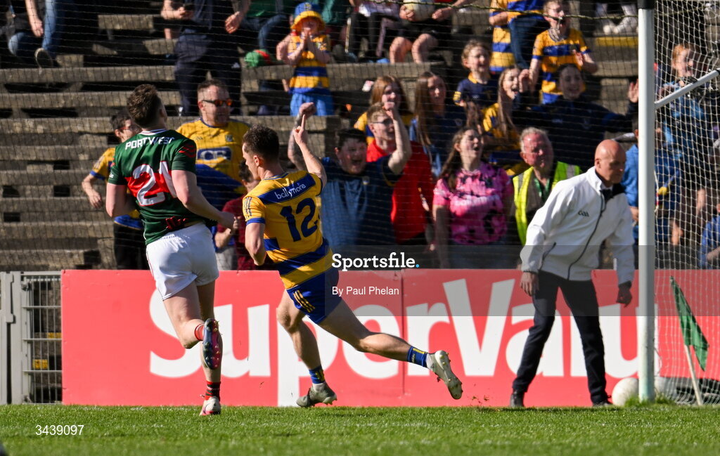 26 April 2026; Darragh Heneghan of Roscommon celebrates scoring a goal during the Connacht GAA Football Senior Championship semi-final match between Mayo and Roscommon at Hastings Insurance MacHale Park in Castlebar, Mayo. Photo by Paul Phelan/Sportsfile