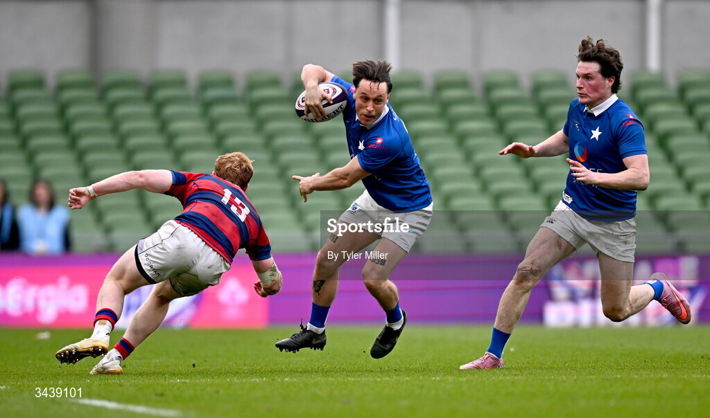 26 April 2026; Mark Fogarty of St Mary's College RFC in action against Hugh Cooney of Clontarf FC during the Energia Men's All-Ireland League Division 1A final match between Clontarf FC and St Mary's College RFC at the Aviva Stadium in Dublin. Photo by Tyler Miller/Sportsfile