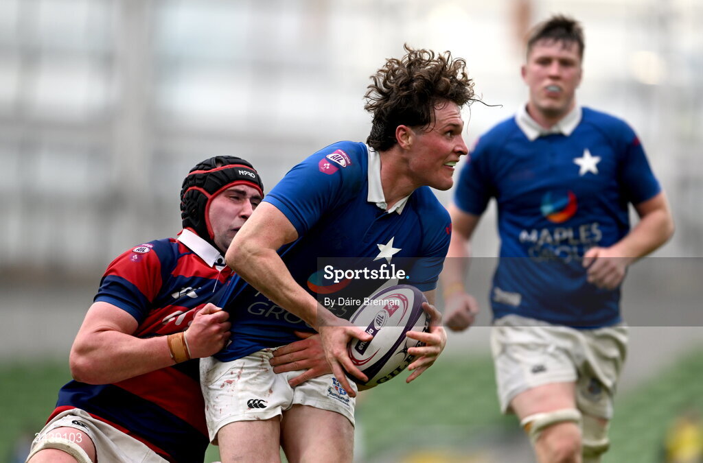 26 April 2026; Myles Carey of St Mary's College RFC is tackled by Fionn Gilbert of Clontarf FC during the Energia Men's All-Ireland League Division 1A final match between Clontarf FC and St Mary's College RFC at the Aviva Stadium in Dublin. Photo by Daire Brennan/Sportsfile