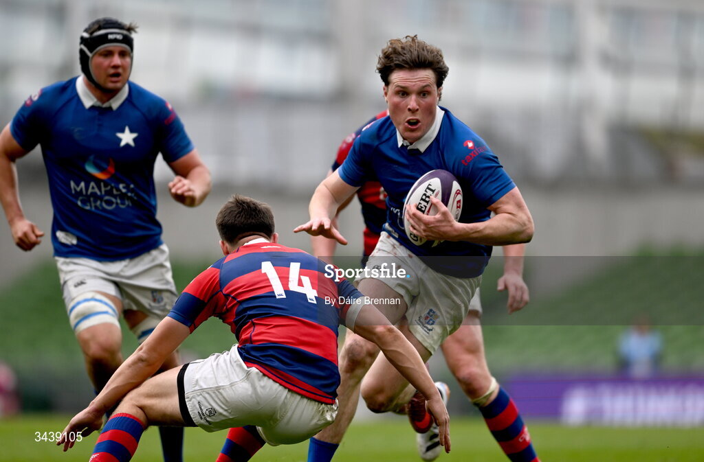 26 April 2026; Myles Carey of St Mary's College RFC is tackled by Dylan O’Grady of Clontarf FC during the Energia Men's All-Ireland League Division 1A final match between Clontarf FC and St Mary's College RFC at the Aviva Stadium in Dublin. Photo by Daire Brennan/Sportsfile