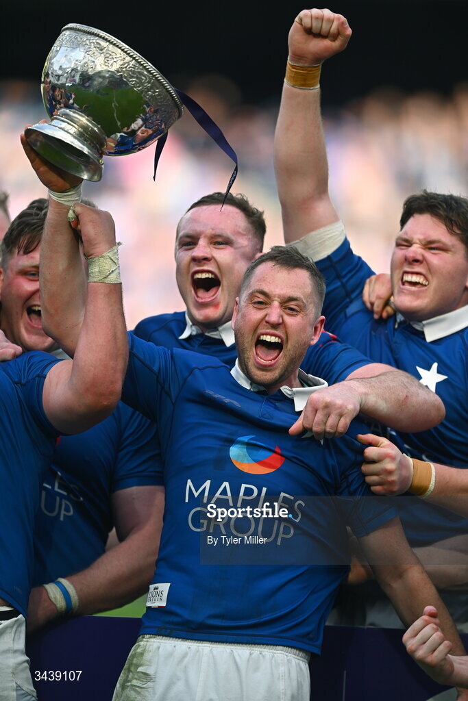 26 April 2026; St Mary's College RFC captain Conor Dean lifts the Energia Men's AIL Division 1A trophy after the Energia Men's All-Ireland League Division 1A final match between Clontarf FC and St Mary's College RFC at the Aviva Stadium in Dublin. Photo by Tyler Miller/Sportsfile