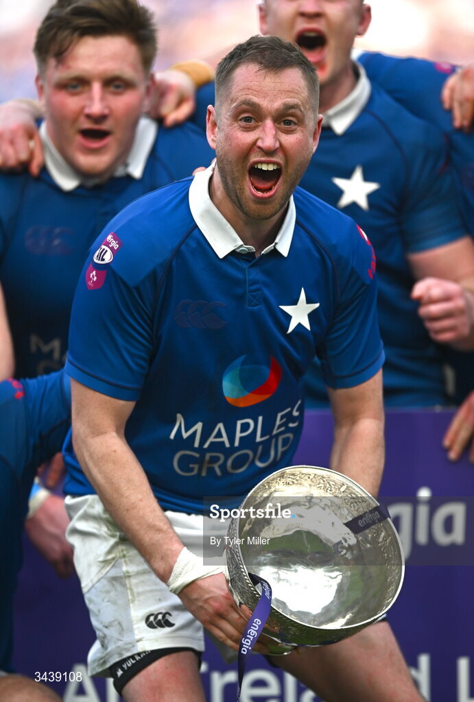 26 April 2026; St Mary's College RFC captain Conor Dean lifts the Energia Men's AIL Division 1A trophy after the Energia Men's All-Ireland League Division 1A final match between Clontarf FC and St Mary's College RFC at the Aviva Stadium in Dublin. Photo by Tyler Miller/Sportsfile