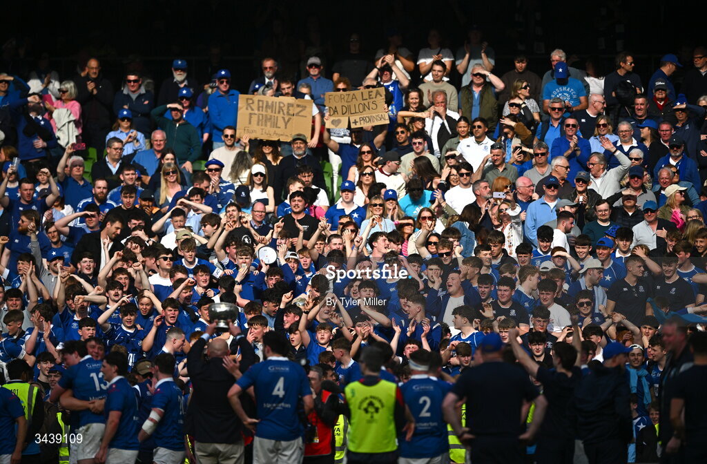 26 April 2026; St Mary's College RFC supporters celebrate after the Energia Men's All-Ireland League Division 1A final match between Clontarf FC and St Mary's College RFC at the Aviva Stadium in Dublin. Photo by Tyler Miller/Sportsfile