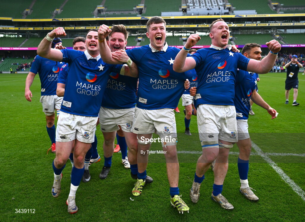26 April 2026; St Mary's College RFC players celebrate after the Energia Men's All-Ireland League Division 1A final match between Clontarf FC and St Mary's College RFC at the Aviva Stadium in Dublin. Photo by Tyler Miller/Sportsfile