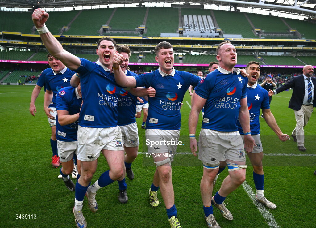 26 April 2026; St Mary's College RFC players celebrate after the Energia Men's All-Ireland League Division 1A final match between Clontarf FC and St Mary's College RFC at the Aviva Stadium in Dublin. Photo by Tyler Miller/Sportsfile