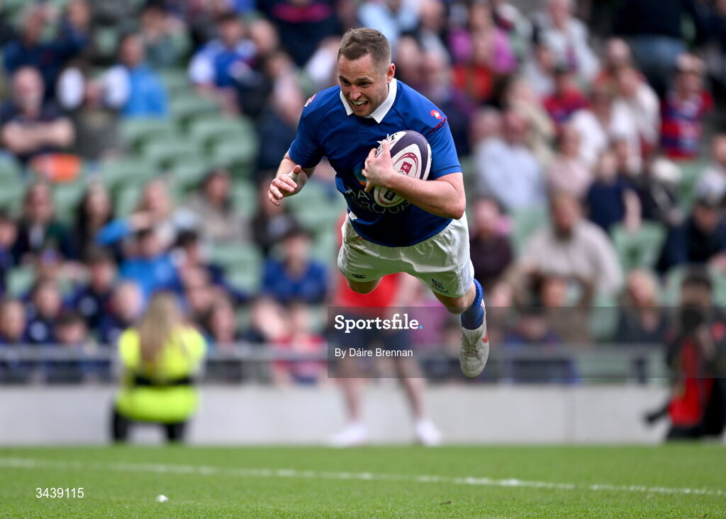 26 April 2026; Conor Dean of St Mary's College RFC scores his side's 5th try during the Energia Men's All-Ireland League Division 1A final match between Clontarf FC and St Mary's College RFC at the Aviva Stadium in Dublin. Photo by Daire Brennan/Sportsfile
