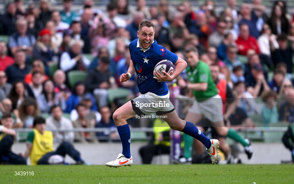 26 April 2026; Conor Dean of St Mary's College RFC on his way to scoring his side's 5th try during the Energia Men's All-Ireland League Division 1A final match between Clontarf FC and St Mary's College RFC at the Aviva Stadium in Dublin. Photo by Daire Brennan/Sportsfile