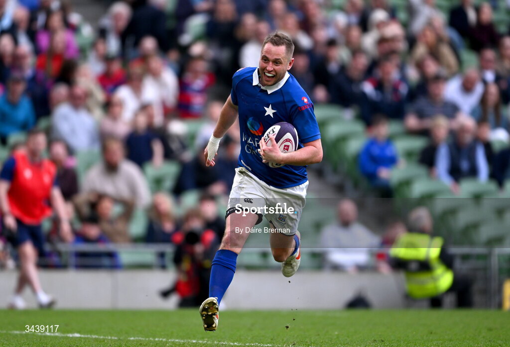 26 April 2026; Conor Dean of St Mary's College RFC on his way to scoring his side's 5th try during the Energia Men's All-Ireland League Division 1A final match between Clontarf FC and St Mary's College RFC at the Aviva Stadium in Dublin. Photo by Daire Brennan/Sportsfile