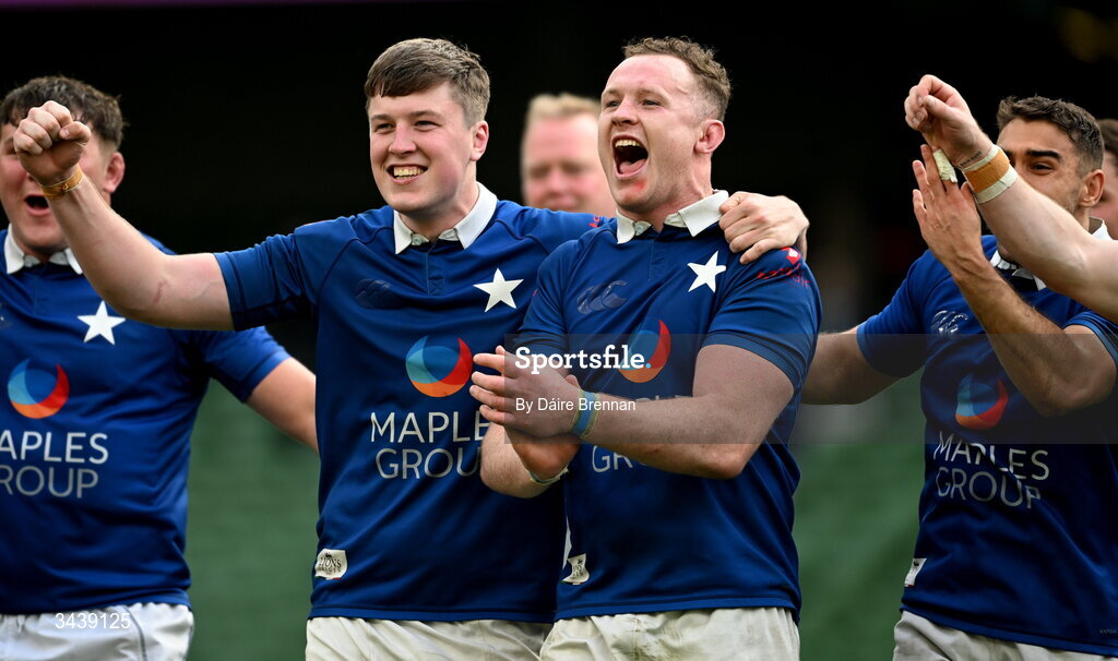 26 April 2026; Daniel Leane, left, and Ronan Watters of St Mary's College RFC celebrate after the Energia Men's All-Ireland League Division 1A final match between Clontarf FC and St Mary's College RFC at the Aviva Stadium in Dublin. Photo by Daire Brennan/Sportsfile