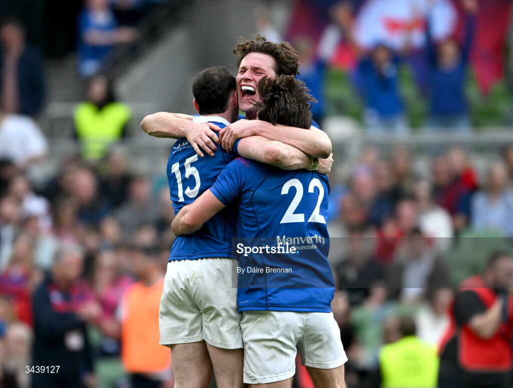 26 April 2026; St Mary's College RFC players, left to right, Ruairi Shields, Myles Carey, and Mark Fogarty celebrate after the Energia Men's All-Ireland League Division 1A final match between Clontarf FC and St Mary's College RFC at the Aviva Stadium in Dublin. Photo by Daire Brennan/Sportsfile