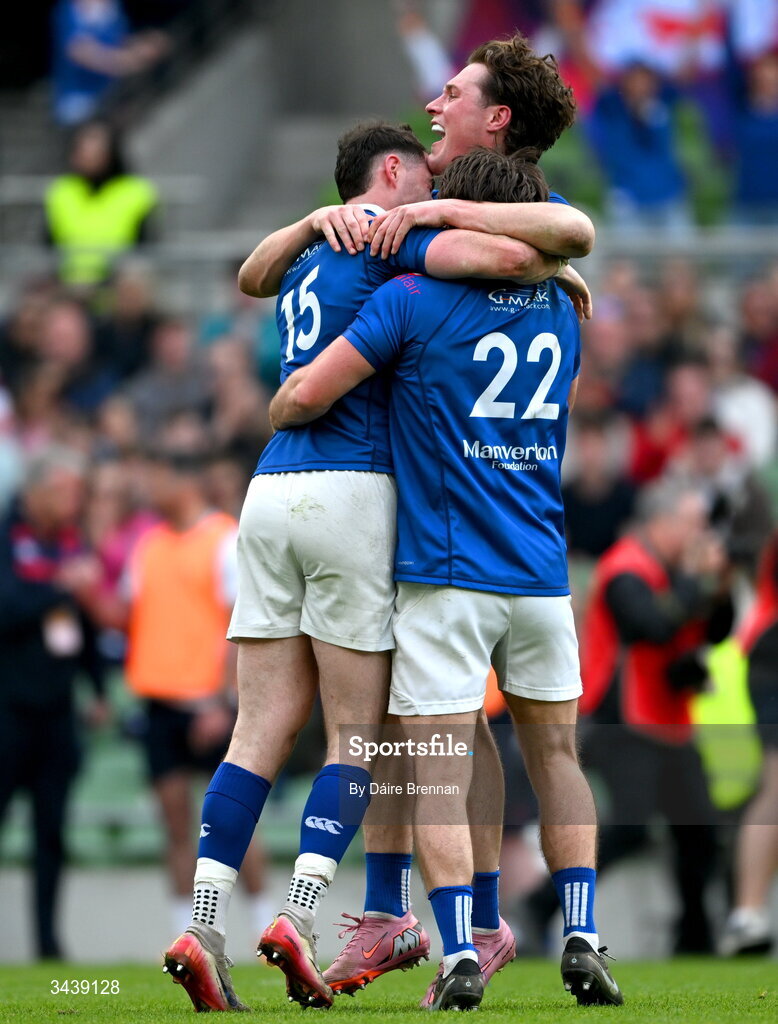26 April 2026; St Mary's College RFC players, left to right, Ruairi Shields, Myles Carey, and Mark Fogarty celebrate after the Energia Men's All-Ireland League Division 1A final match between Clontarf FC and St Mary's College RFC at the Aviva Stadium in Dublin. Photo by Daire Brennan/Sportsfile