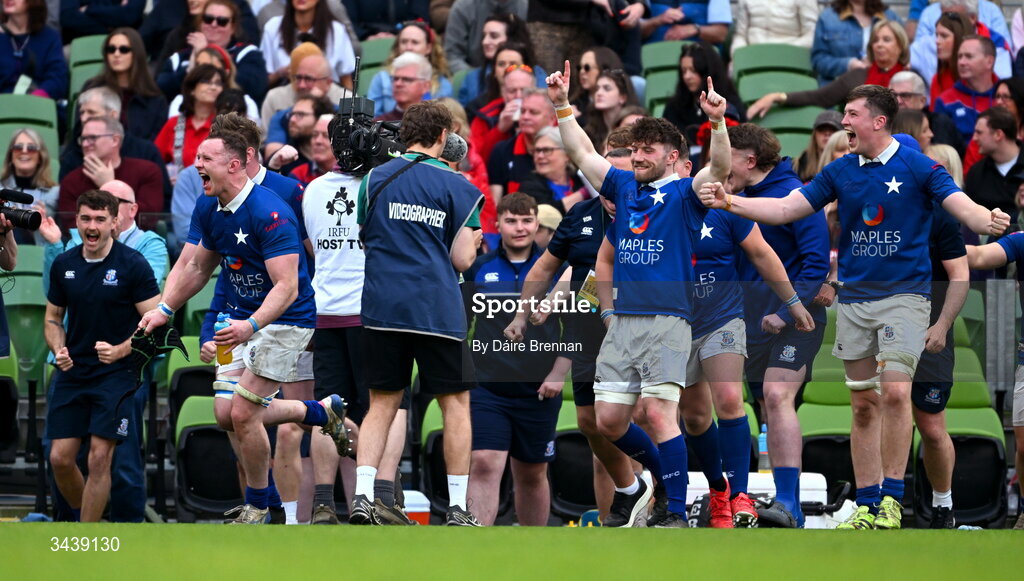 26 April 2026; The St Mary's College RFC bench react at the final whistle of the Energia Men's All-Ireland League Division 1A final match between Clontarf FC and St Mary's College RFC at the Aviva Stadium in Dublin. Photo by Daire Brennan/Sportsfile