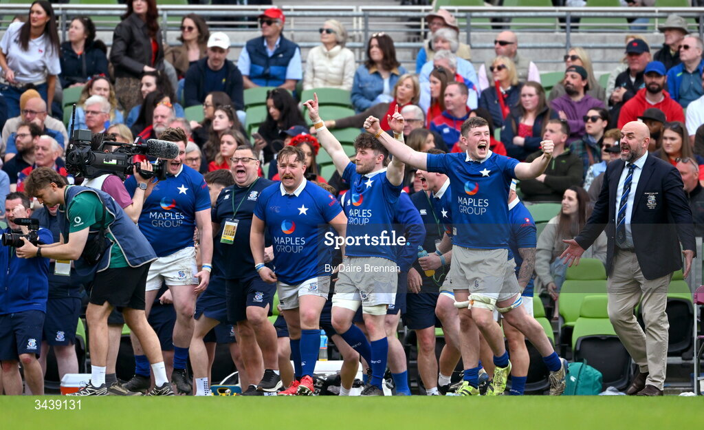 26 April 2026; The St Mary's College RFC bench react at the final whistle of the Energia Men's All-Ireland League Division 1A final match between Clontarf FC and St Mary's College RFC at the Aviva Stadium in Dublin. Photo by Daire Brennan/Sportsfile