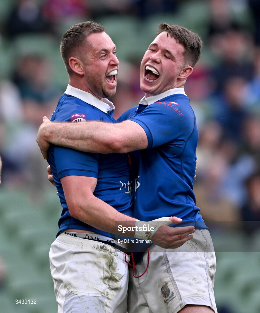 26 April 2026; Conor Dean of St Mary's College RFC, left, celebrates with team-mate Mick O'Gara after scoring his side's fifth try during the Energia Men's All-Ireland League Division 1A final match between Clontarf FC and St Mary's College RFC at the Aviva Stadium in Dublin. Photo by Daire Brennan/Sportsfile