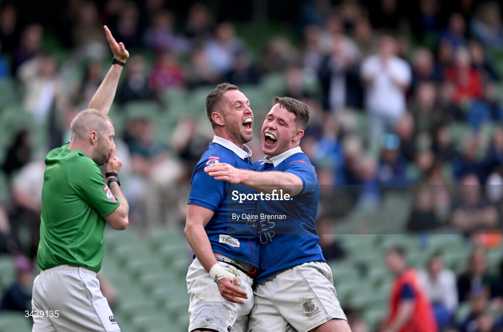 26 April 2026; Conor Dean of St Mary's College RFC, left, celebrates with team-mate Mick O'Gara after scoring his side's fifth try during the Energia Men's All-Ireland League Division 1A final match between Clontarf FC and St Mary's College RFC at the Aviva Stadium in Dublin. Photo by Daire Brennan/Sportsfile