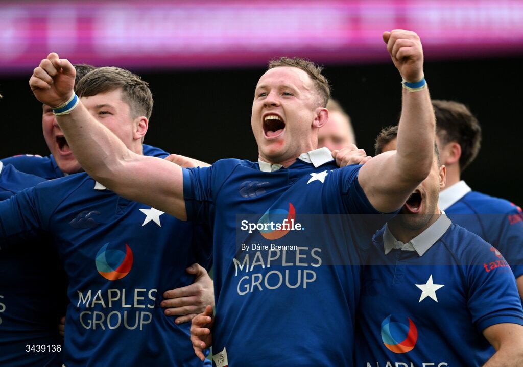 26 April 2026; Ronan Watters of St Mary's College RFC celebrates after the Energia Men's All-Ireland League Division 1A final match between Clontarf FC and St Mary's College RFC at the Aviva Stadium in Dublin. Photo by Daire Brennan/Sportsfile