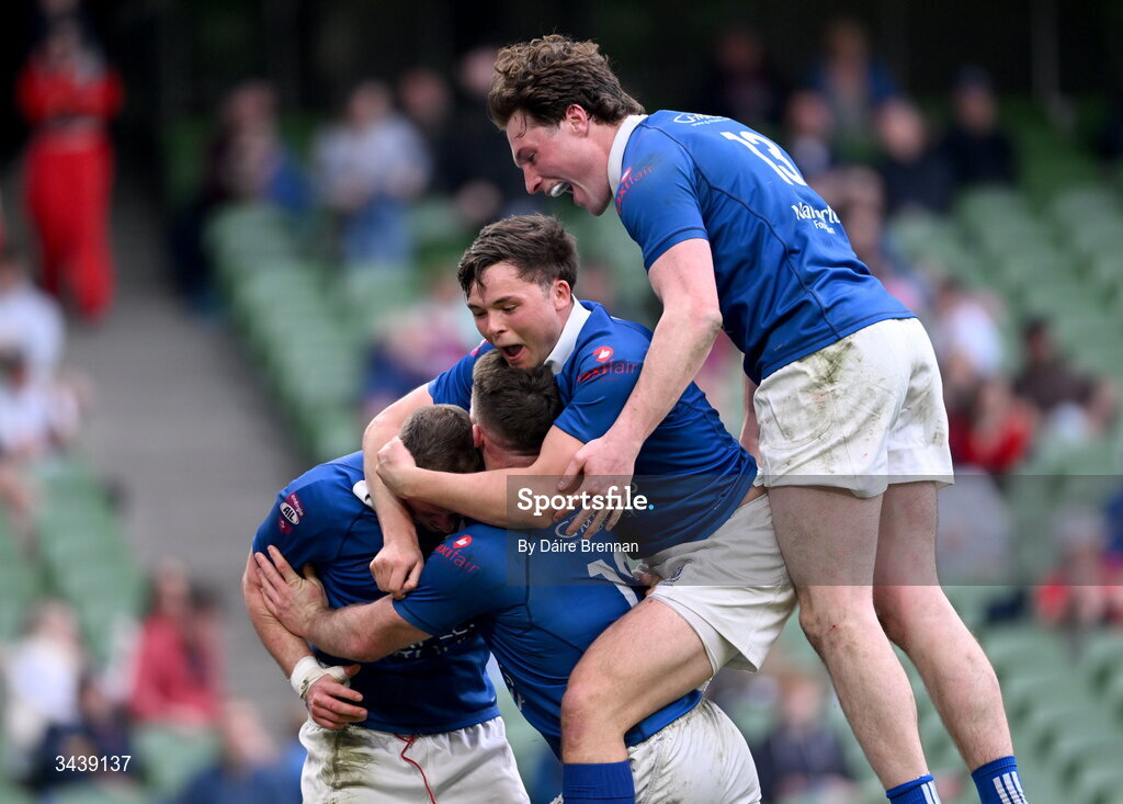 26 April 2026; Conor Dean of St Mary's College RFC, left, celebrates with team-mates Mick O'Gara, left, Robert Gilsenan, and Myles Carey after scoring his side's fifth try during the Energia Men's All-Ireland League Division 1A final match between Clontarf FC and St Mary's College RFC at the Aviva Stadium in Dublin. Photo by Daire Brennan/Sportsfile