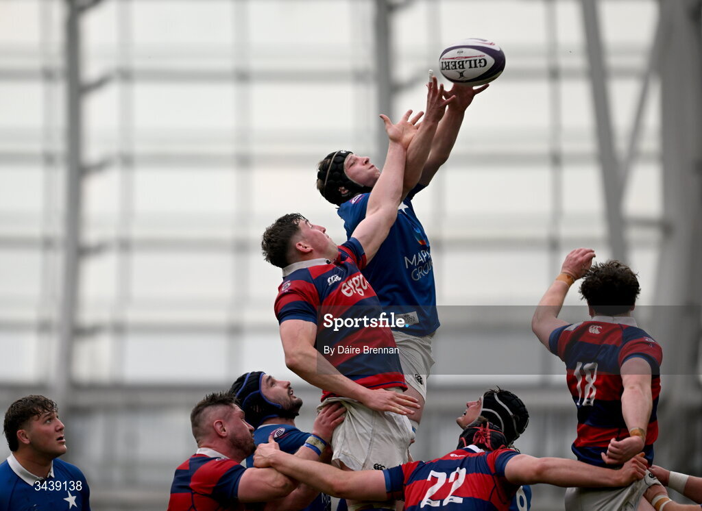 26 April 2026; Conor Pierce of St Mary's College RFC wins the ball in the line-out ahead of Jim Peters of Clontarf FC during the Energia Men's All-Ireland League Division 1A final match between Clontarf FC and St Mary's College RFC at the Aviva Stadium in Dublin. Photo by Daire Brennan/Sportsfile