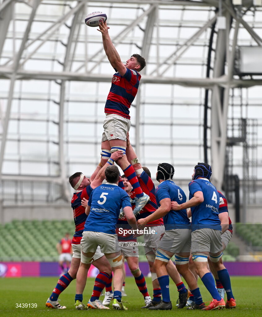 26 April 2026; Fionn Gilbert of Clontarf FC wins possession in a line-out during the Energia Men's All-Ireland League Division 1A final match between Clontarf FC and St Mary's College RFC at the Aviva Stadium in Dublin. Photo by Tyler Miller/Sportsfile