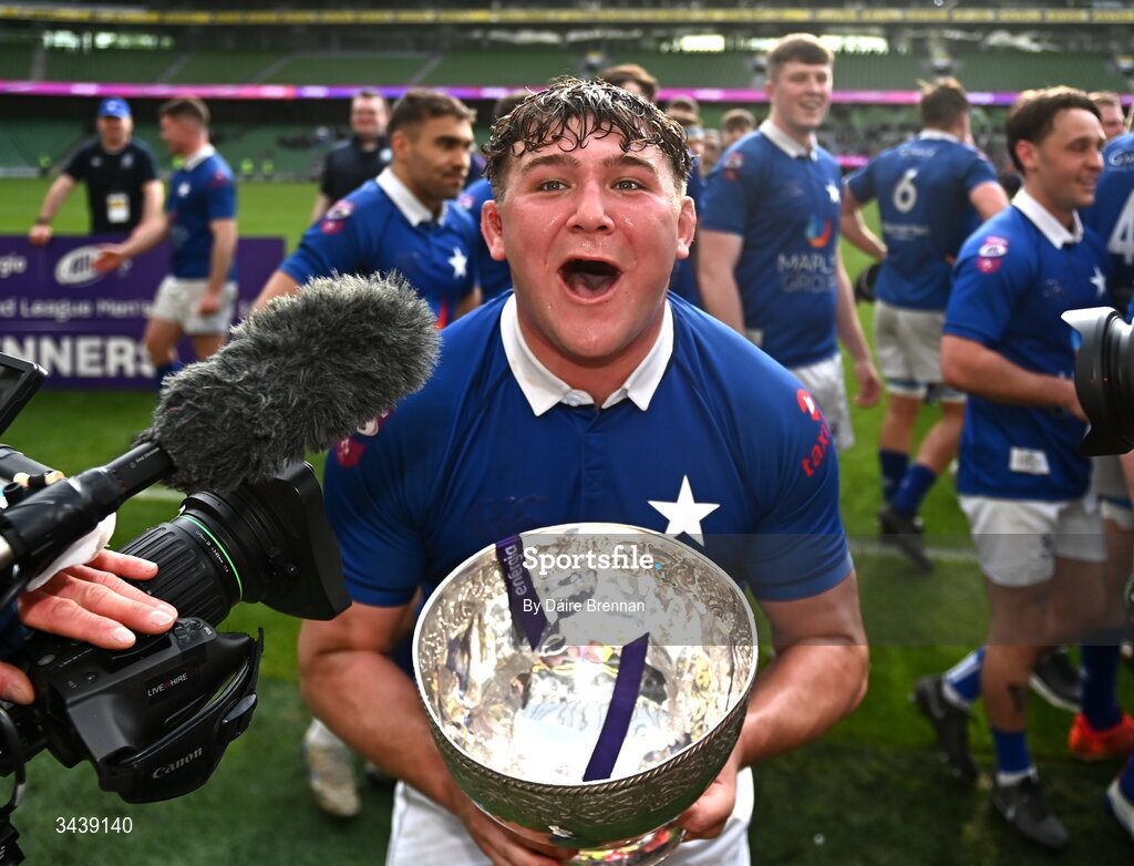 26 April 2026; Andrew Sparrow of St Mary's College RFC celebrates after the Energia Men's All-Ireland League Division 1A final match between Clontarf FC and St Mary's College RFC at the Aviva Stadium in Dublin. Photo by Daire Brennan/Sportsfile
