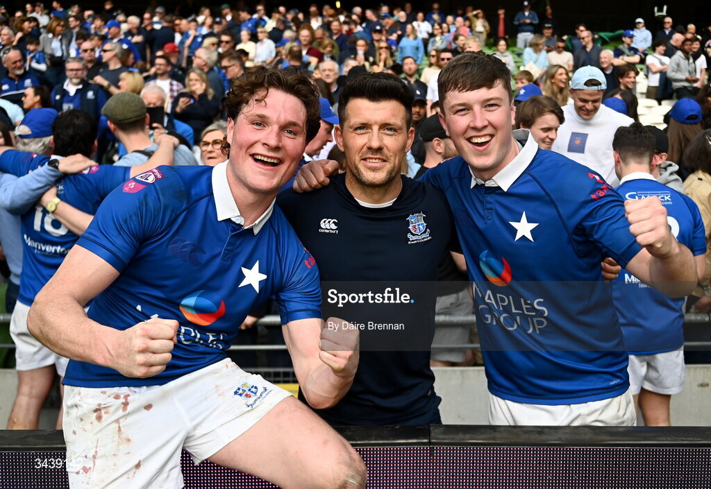 26 April 2026; St Mary's College RFC coach Marcus O'Driscoll celebrates with Myles Carey, left, and Daniel Leane, after the Energia Men's All-Ireland League Division 1A final match between Clontarf FC and St Mary's College RFC at the Aviva Stadium in Dublin. Photo by Daire Brennan/Sportsfile