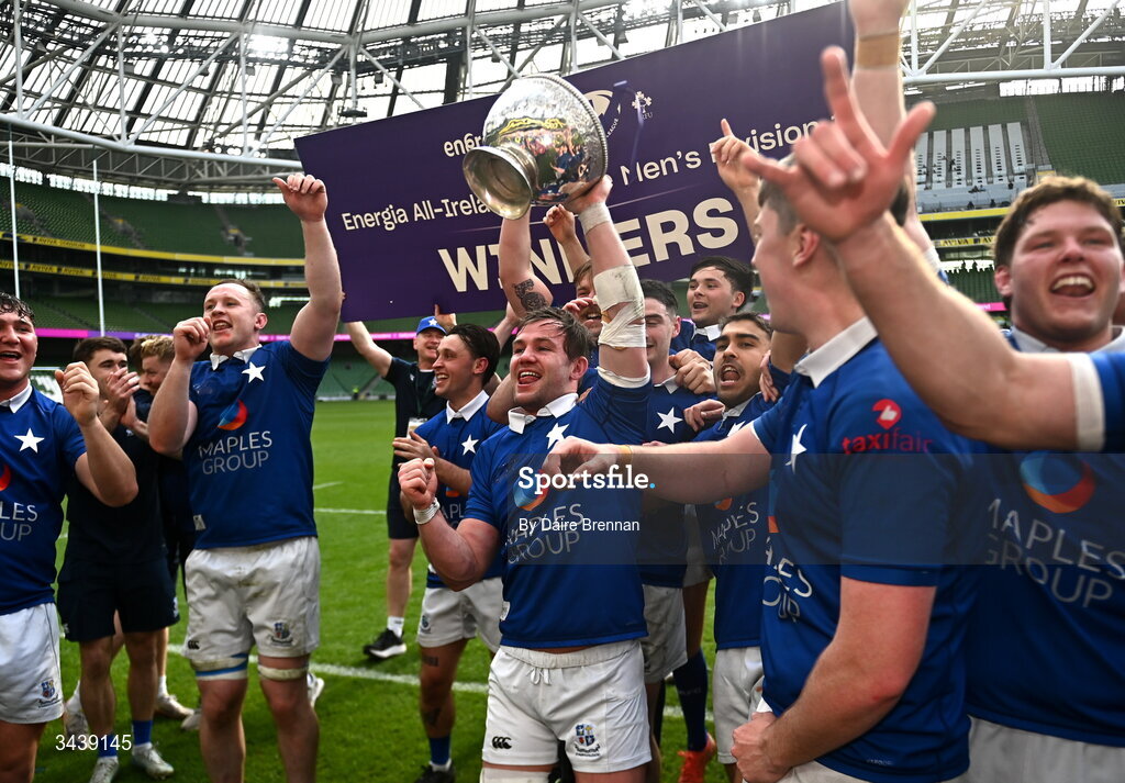 26 April 2026; Finn Burke of St Mary's College RFC celebrates after the Energia Men's All-Ireland League Division 1A final match between Clontarf FC and St Mary's College RFC at the Aviva Stadium in Dublin. Photo by Daire Brennan/Sportsfile