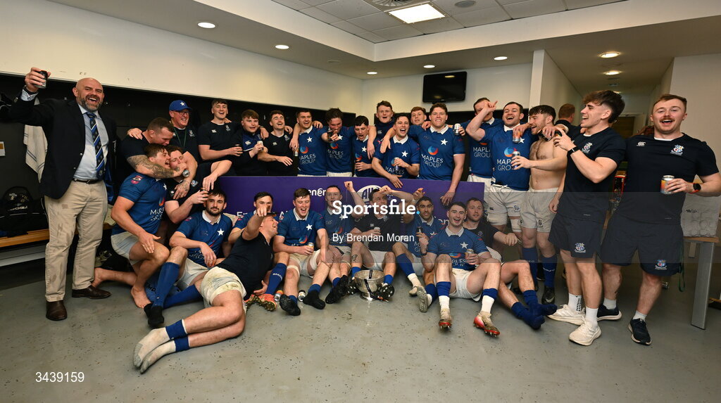 26 April 2026; The St Mary's College RFC team celebrate with the trophy after the Energia Men's All-Ireland League Division 1A final match between Clontarf FC and St Mary's College RFC at the Aviva Stadium in Dublin. Photo by Brendan Moran/Sportsfile