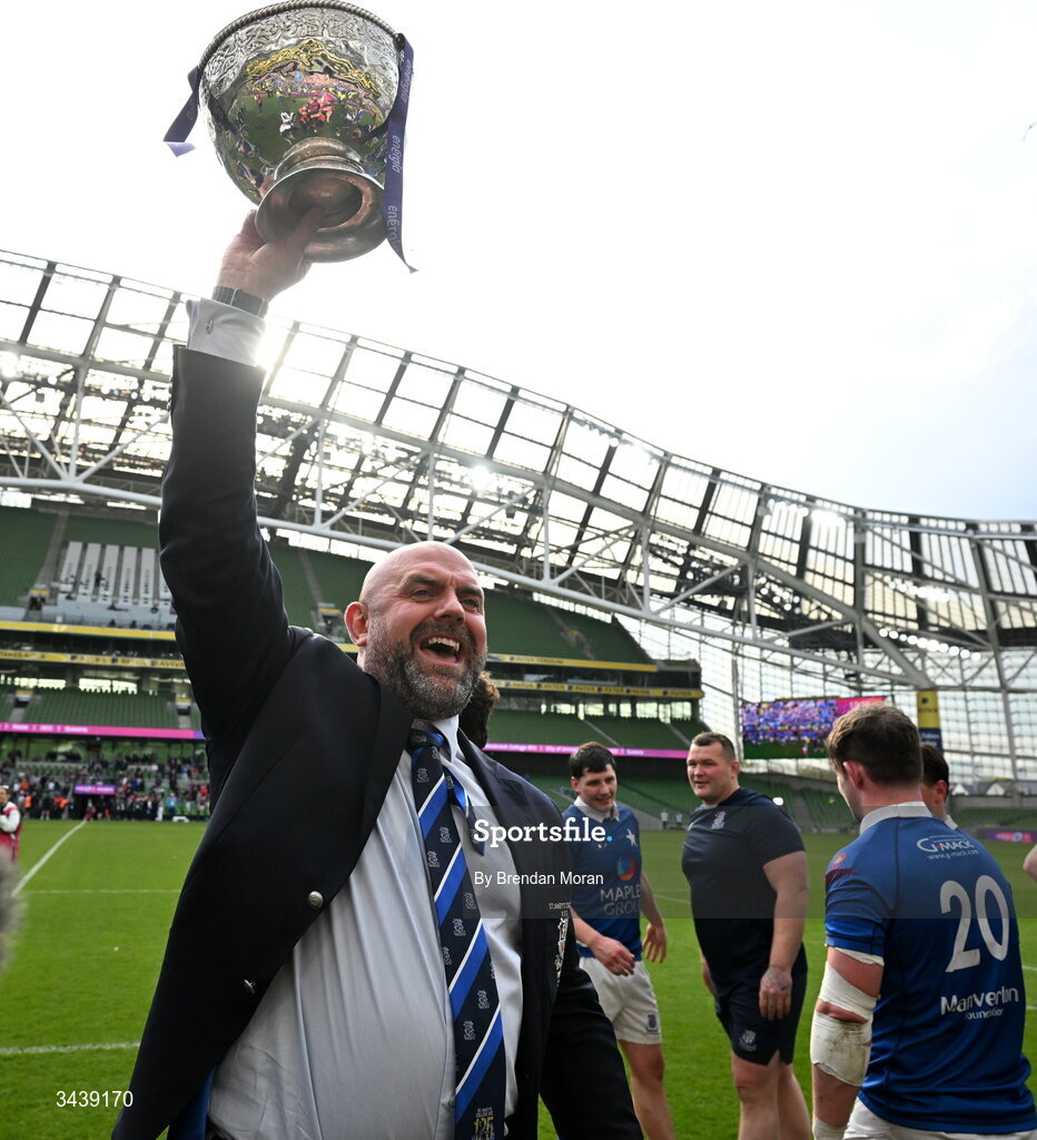 26 April 2026; St Mary's College RFC president Gareth Logan celebrates with the trophy after the Energia Men's All-Ireland League Division 1A final match between Clontarf FC and St Mary's College RFC at the Aviva Stadium in Dublin. Photo by Brendan Moran/Sportsfile
