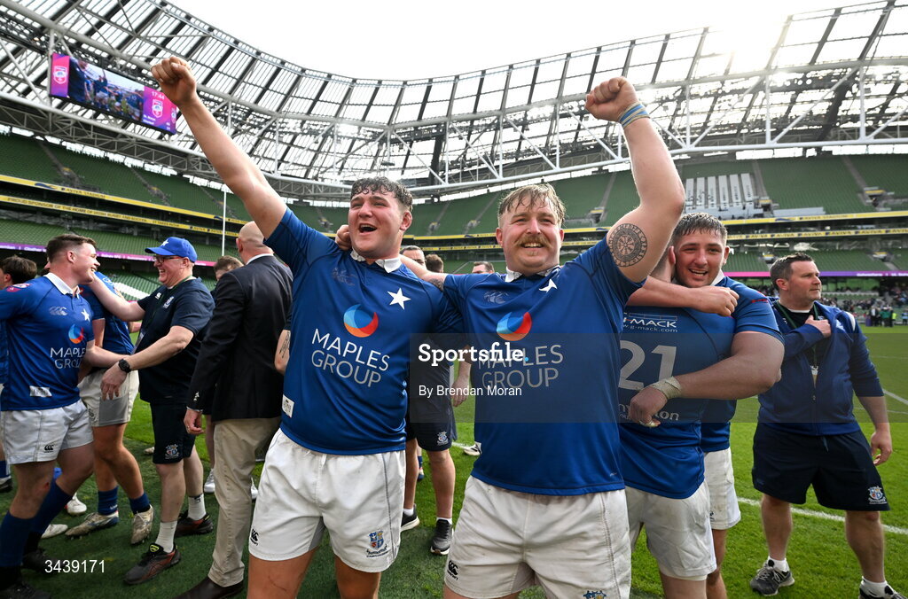 26 April 2026; Andrew Sparrow, left, and Thomas O'Reilly of St Mary's College RFC celebrate after the Energia Men's All-Ireland League Division 1A final match between Clontarf FC and St Mary's College RFC at the Aviva Stadium in Dublin. Photo by Brendan Moran/Sportsfile