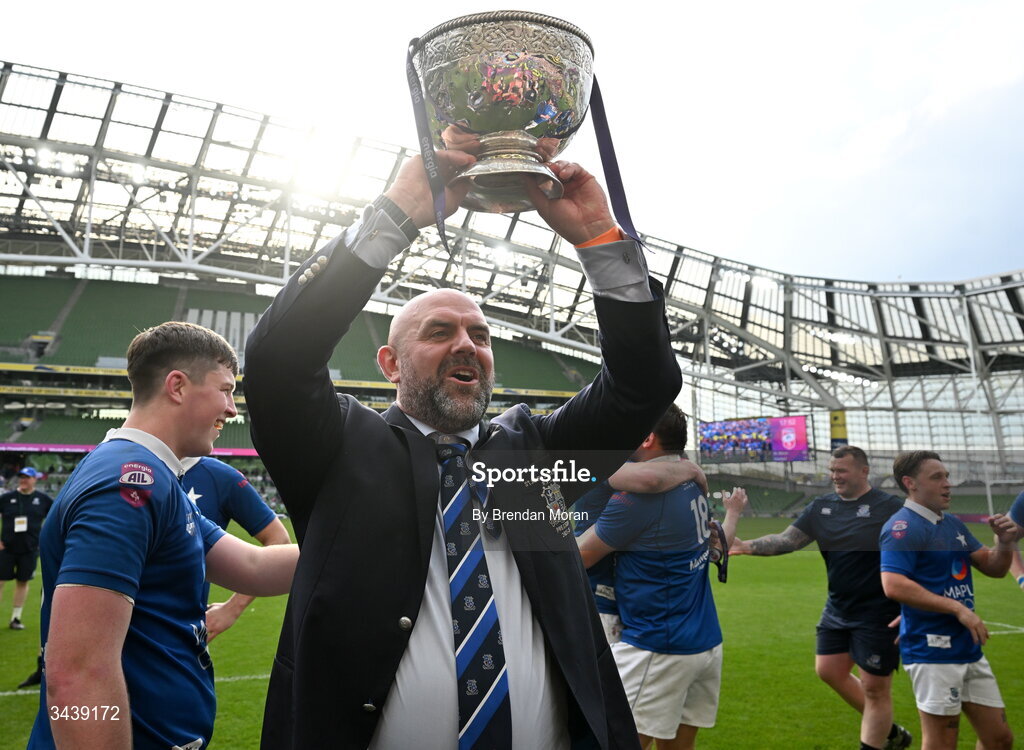 26 April 2026; St Mary's College RFC president Gareth Logan celebrates with the trophy after the Energia Men's All-Ireland League Division 1A final match between Clontarf FC and St Mary's College RFC at the Aviva Stadium in Dublin. Photo by Brendan Moran/Sportsfile