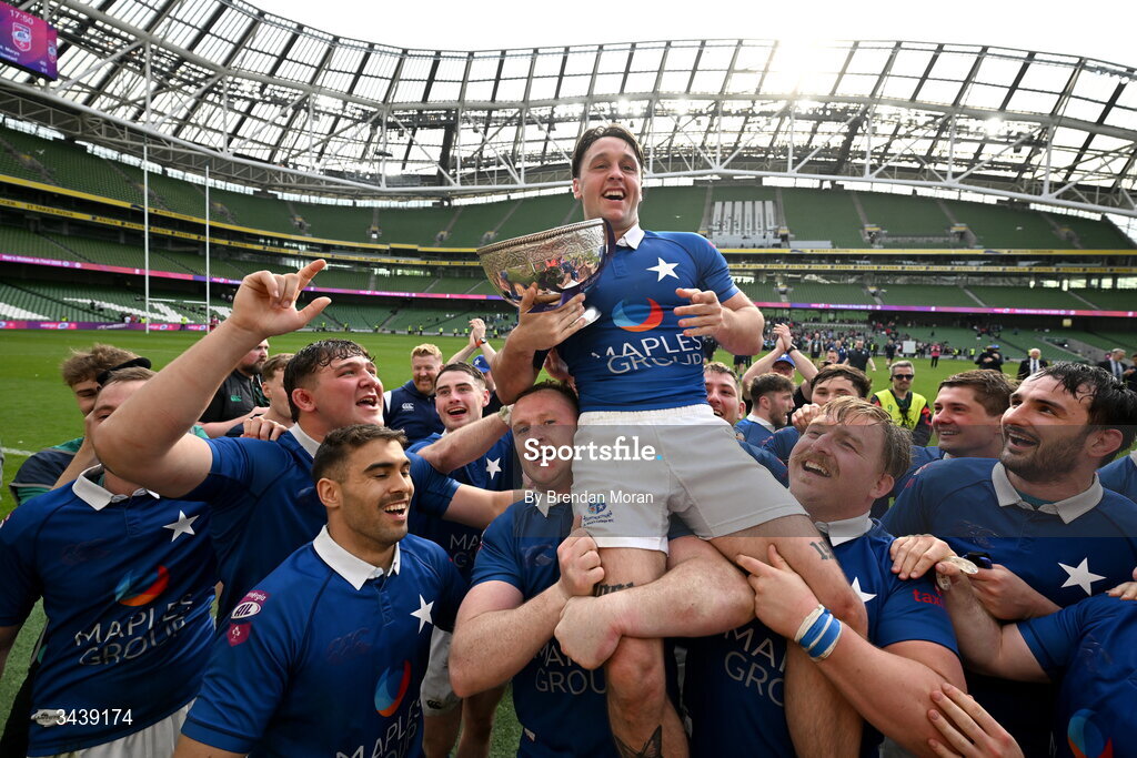 26 April 2026; Mark Fogarty of St Mary's College RFC is held aloft by teammates as they celebrate with the trophy after the Energia Men's All-Ireland League Division 1A final match between Clontarf FC and St Mary's College RFC at the Aviva Stadium in Dublin. Photo by Brendan Moran/Sportsfile