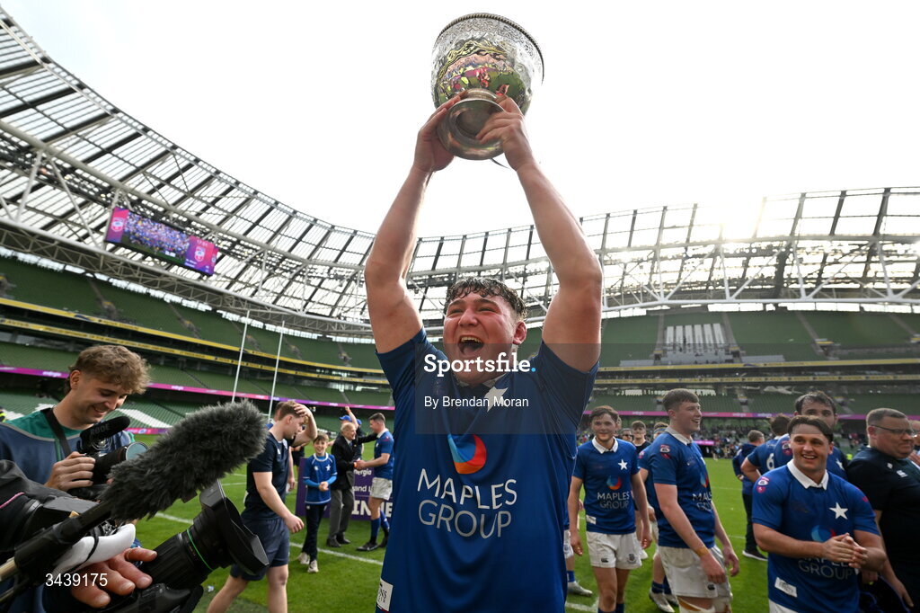 26 April 2026; Andrew Sparrow of St Mary's College RFC celebrates with the trophy after the Energia Men's All-Ireland League Division 1A final match between Clontarf FC and St Mary's College RFC at the Aviva Stadium in Dublin. Photo by Brendan Moran/Sportsfile