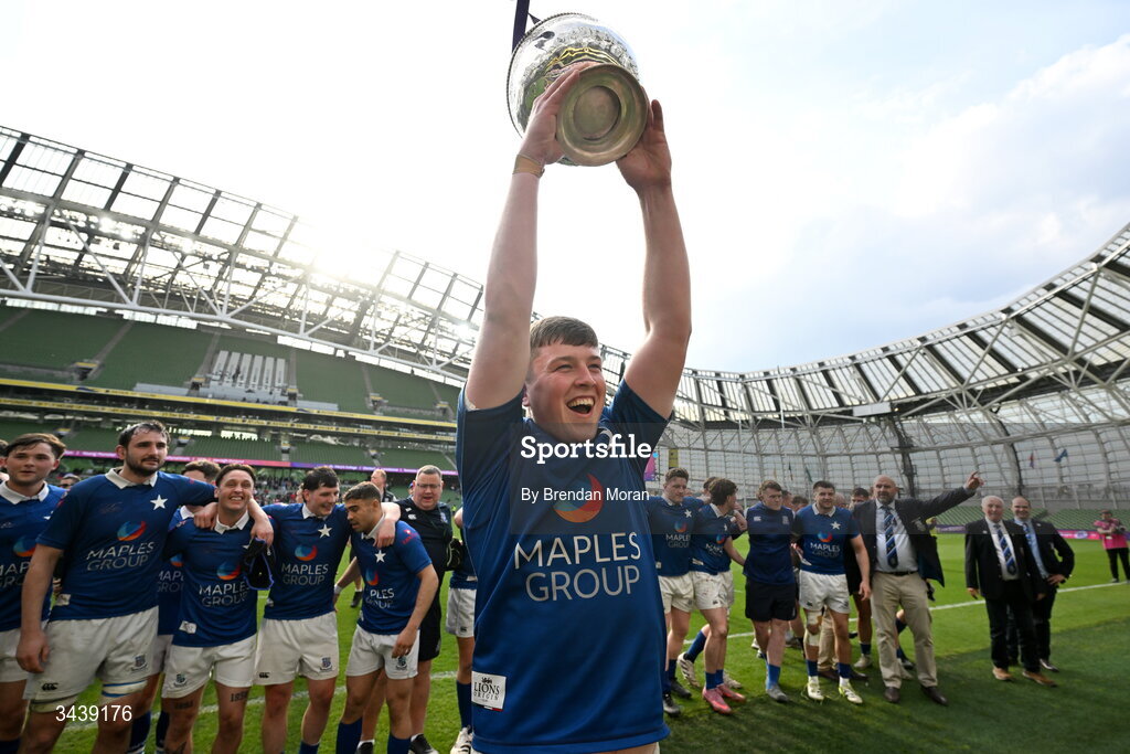 26 April 2026; Daniel Leane of St Mary's College RFC celebrates with the trophy after the Energia Men's All-Ireland League Division 1A final match between Clontarf FC and St Mary's College RFC at the Aviva Stadium in Dublin. Photo by Brendan Moran/Sportsfile