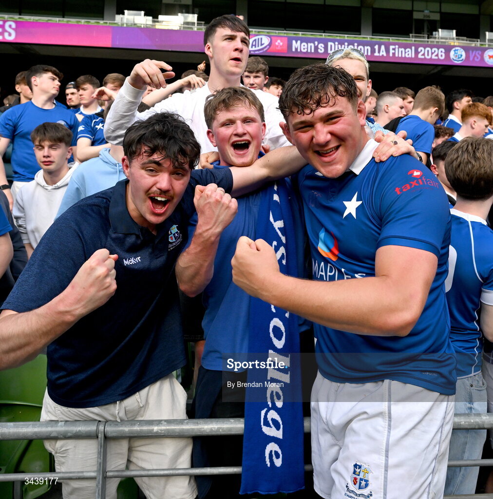26 April 2026; Andrew Sparrow of St Mary's College RFC celebrates with friends after the Energia Men's All-Ireland League Division 1A final match between Clontarf FC and St Mary's College RFC at the Aviva Stadium in Dublin. Photo by Brendan Moran/Sportsfile