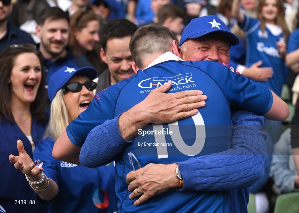 26 April 2026; St Mary's College RFC captain Conor Dean celebrates with his father, former Ireland international, Paul Dean after the Energia Men's All-Ireland League Division 1A final match between Clontarf FC and St Mary's College RFC at the Aviva Stadium in Dublin. Photo by Brendan Moran/Sportsfile