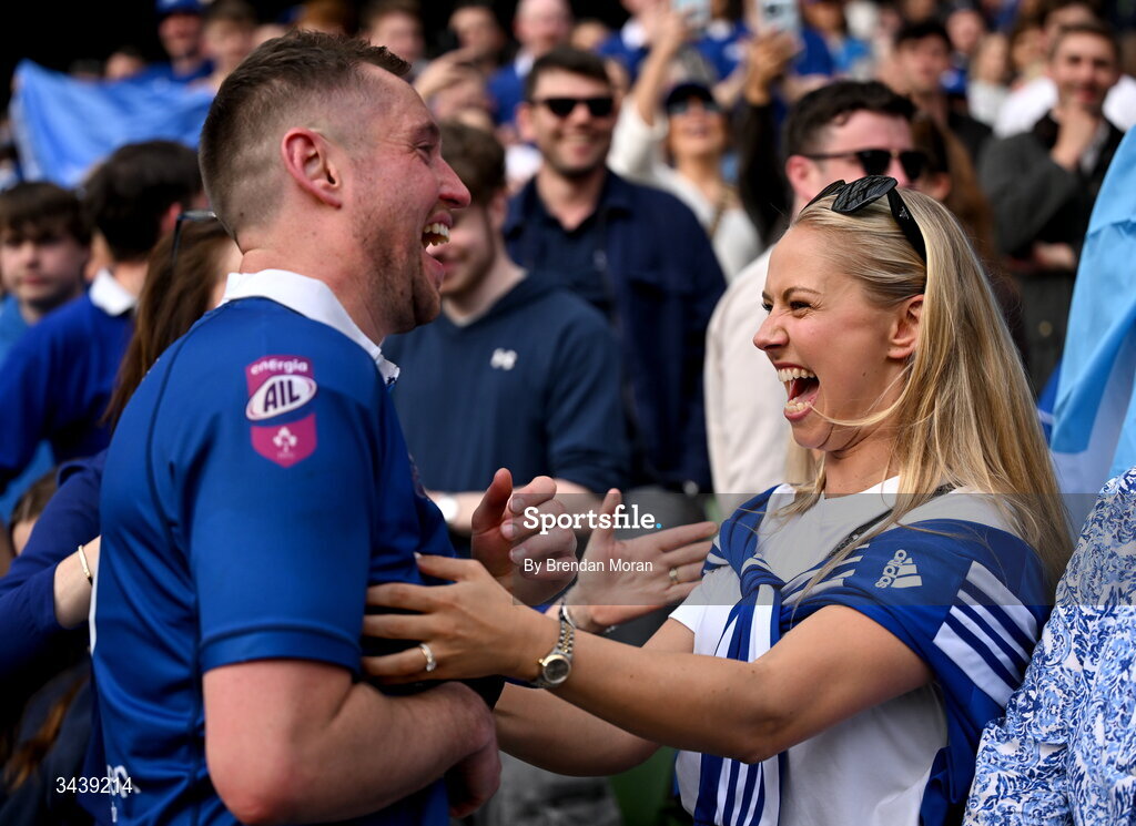 26 April 2026; St Mary's College RFC captain Conor Dean celebrates with his sister Holly after the Energia Men's All-Ireland League Division 1A final match between Clontarf FC and St Mary's College RFC at the Aviva Stadium in Dublin. Photo by Brendan Moran/Sportsfile