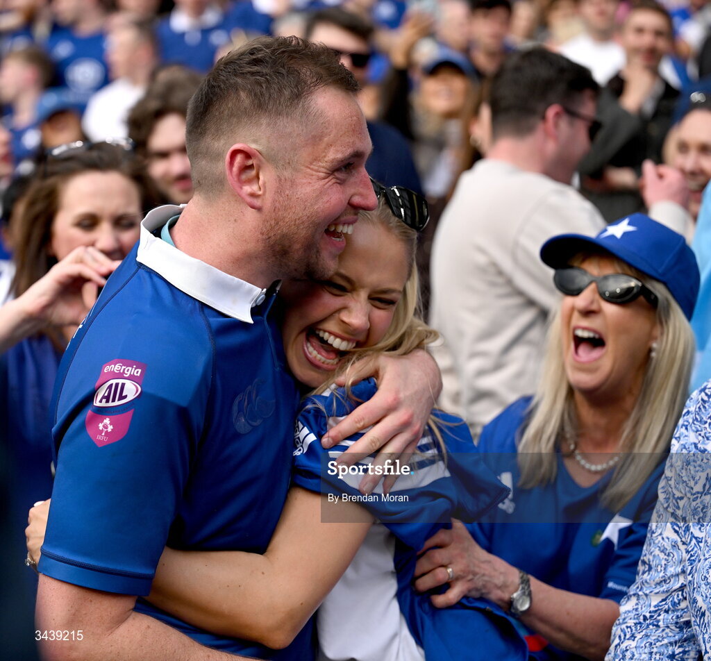 26 April 2026; St Mary's College RFC captain Conor Dean celebrates with his sister Holly and mother Lorraine, right, after the Energia Men's All-Ireland League Division 1A final match between Clontarf FC and St Mary's College RFC at the Aviva Stadium in Dublin. Photo by Brendan Moran/Sportsfile