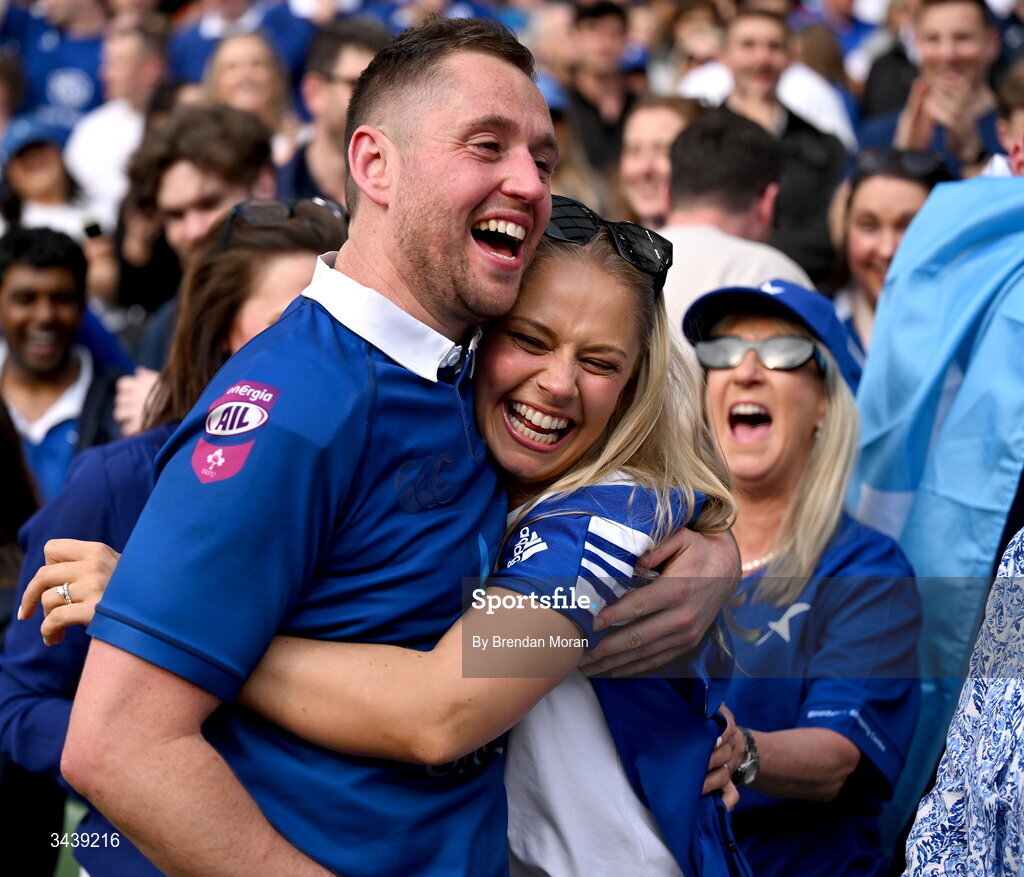 26 April 2026; St Mary's College RFC captain Conor Dean celebrates with his sister Holly and mother Lorraine, right, after the Energia Men's All-Ireland League Division 1A final match between Clontarf FC and St Mary's College RFC at the Aviva Stadium in Dublin. Photo by Brendan Moran/Sportsfile