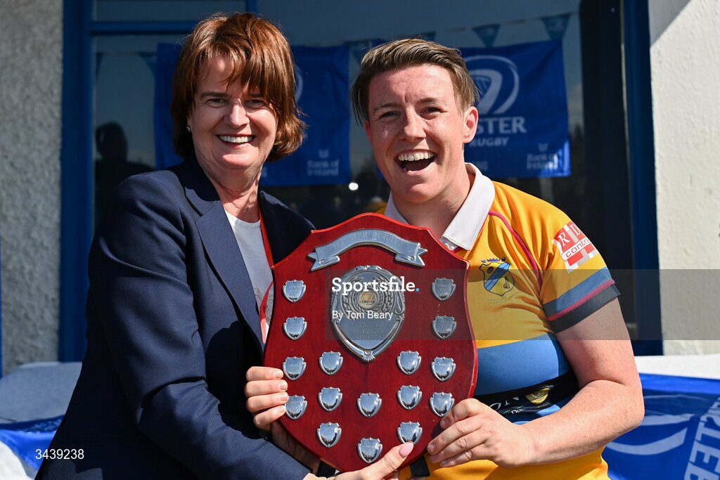 25 April 2026; Dorothy Collins, Chair of the Leinster Women's Committee presents Clondalkin RFC captain Louise Dixon with the trophy after the Leinster Rugby Women's Paul Cusack Plate final match between Birr RFC and Clondalkin RFC at Portlaoise RFC in Portlaoise, Laois. Photo by Tom Beary/Sportsfile